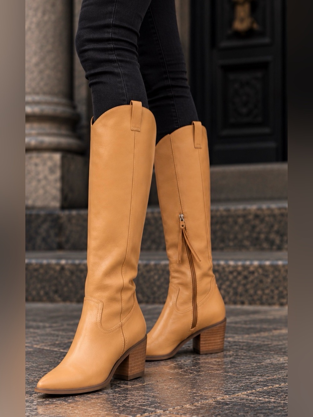 Camel Tan Knee High Western Cowboy Boots Pointed Toe Block Heel 8.5 NWT